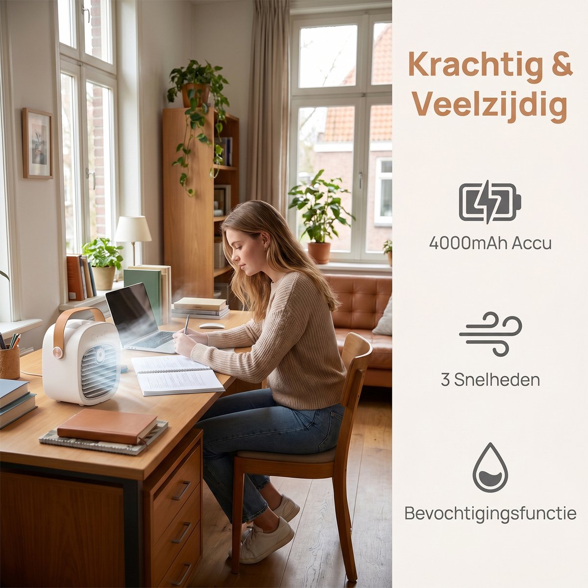 carmdering -Mini airco-kleine airco-4000mAh oplaadbare persoonlijke luchtkoeler-Mini-airconditioner met 3 snelheden - mini aircooler met water-Stille desktopkoelventilator voor thuis, slaapkamer, reizen, kantoor, buiten en binnen - Wit — afbeelding 4