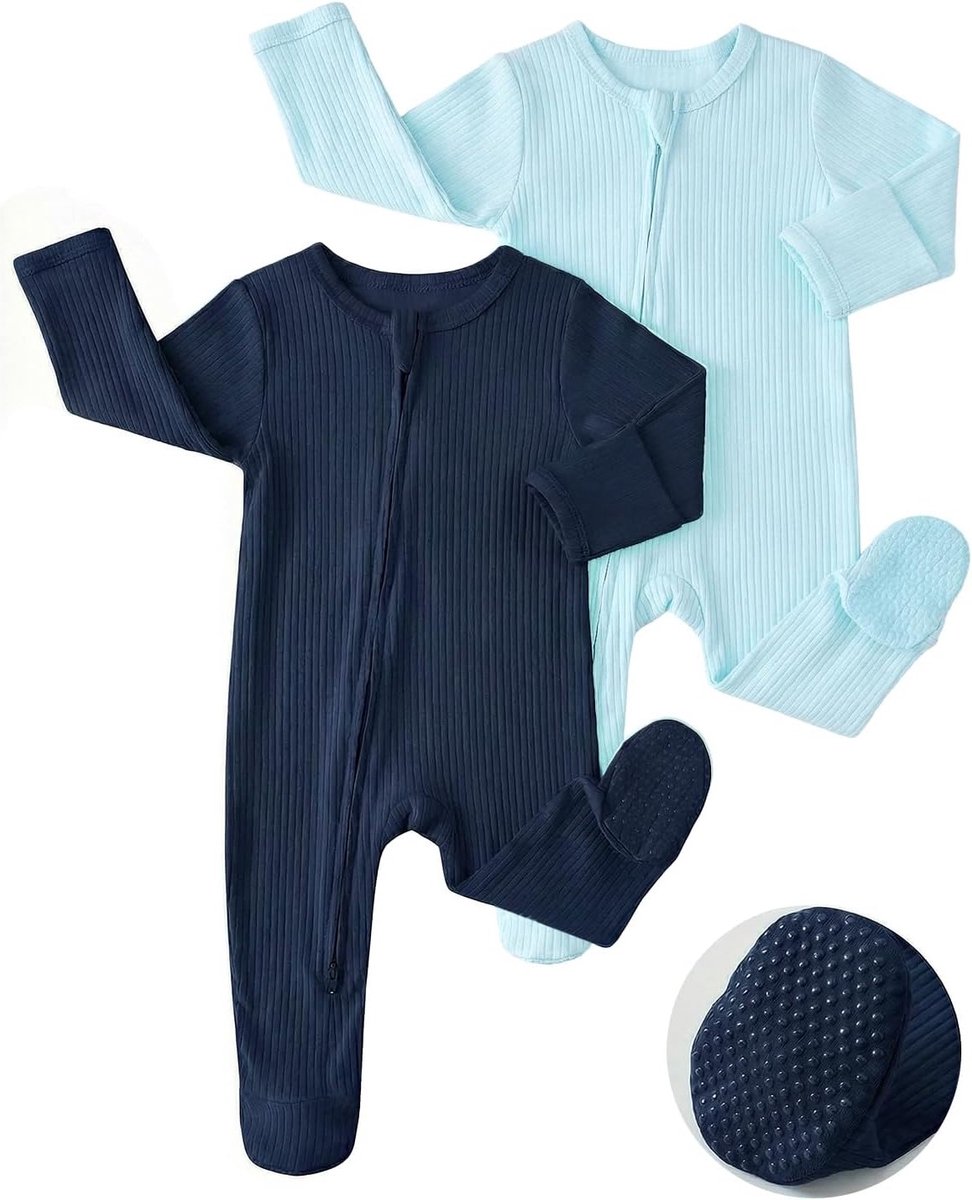 Katoenen Baby Pyjama's 2-Pak voor Jongens en Meisjes, Lange Mouwen Rompers, Comfortabele Baby Kleding in Navy Blauw voor Pasgeborenen
