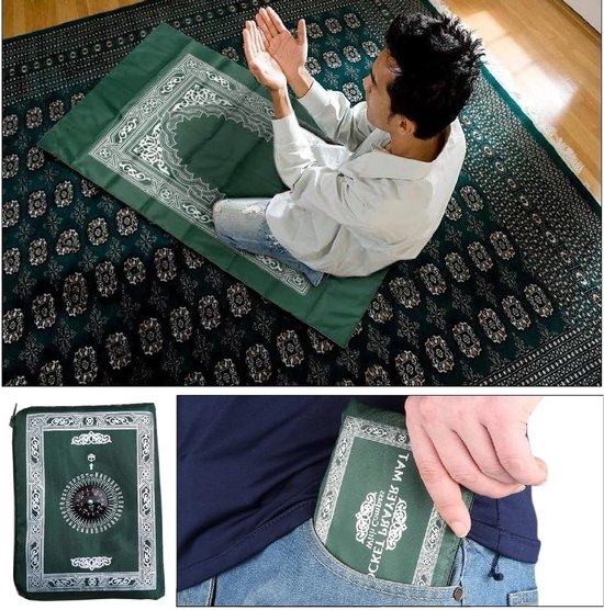 Reisgebedsmat - Draagbaar kleed - Overal bidden - Met kompas zak - 60 x 100 cm - Groen — afbeelding 4