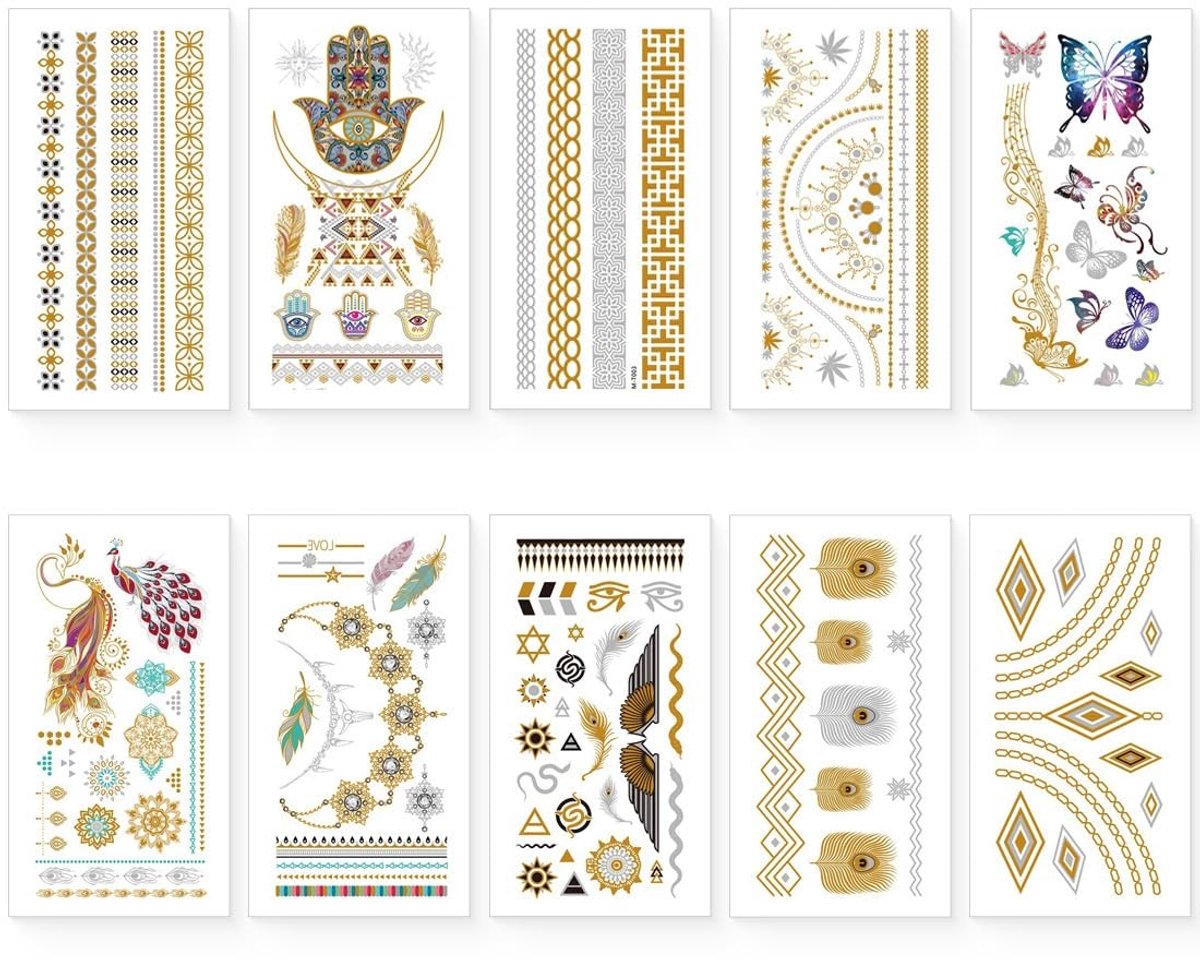 Dailygoods- Tatoeagestickers Waterdicht - 10 Stuks - Gouden Festivalaccessoires - Huidvriendelijk - Duurzaam - Tot 5 Dagen Houdbaarheid - Tijdelijke Tatoeages