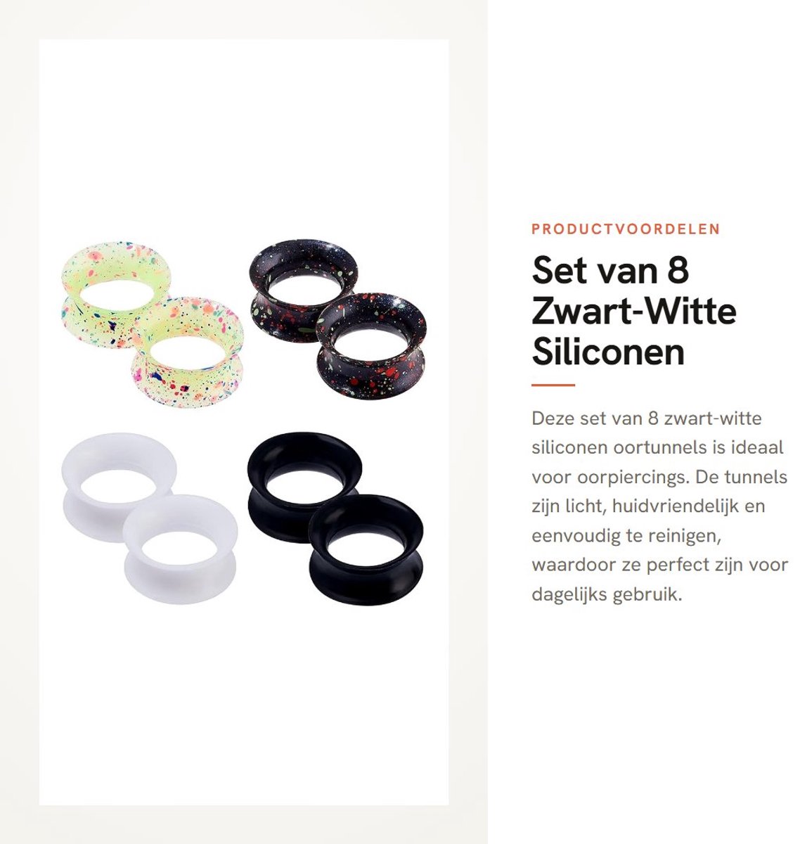 Dailygoods- Oortunnelset 8-delig - Zwart/witte Siliconen - Oorpiercing Sieraden - 6-16 mm - Lichtgewicht - Huidvriendelijk