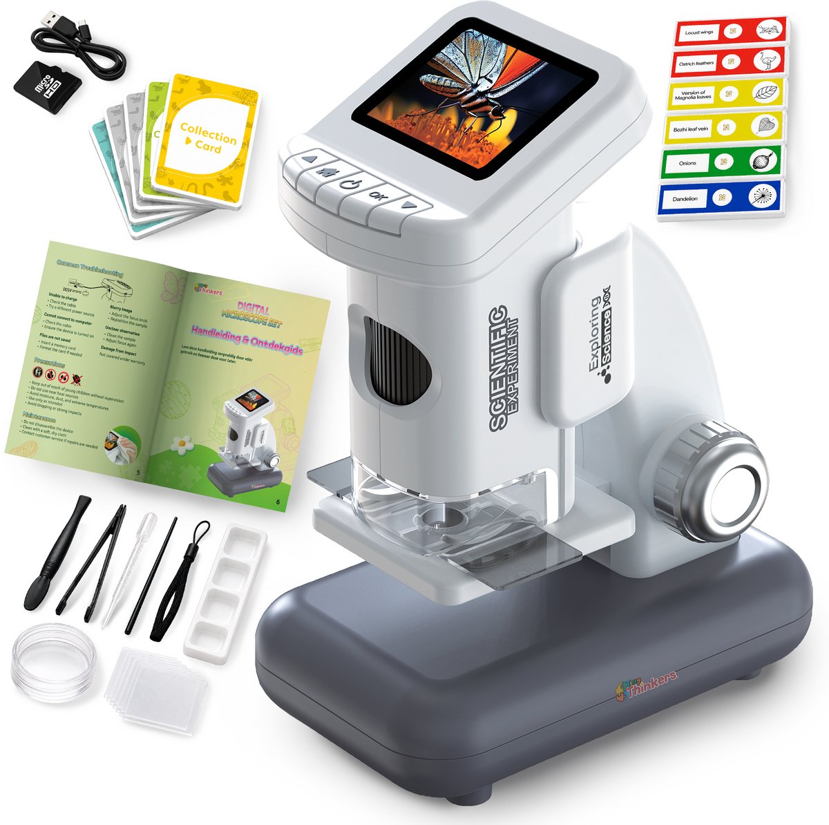 Microscoop voor Kinderen - Incl. Leerboekje + 38 Opdrachtkaarten - Digitale Kinder Microscoop 1200x met HD Scherm - Afneembare Standaard - Oplaadbaar - Handmicroscoop - Foto & Video - STEM Speelgoed