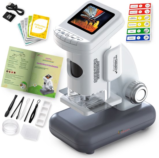 Microscoop voor Kinderen - Incl. Leerboekje + 38 Opdrachtkaarten - Digitale Kinder Microscoop 1200x met HD Scherm - Afneembare Standaard - Oplaadbaar - Handmicroscoop - Foto & Video - STEM Speelgoed