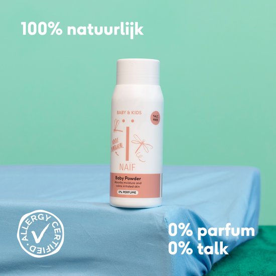Flesje Naïf babypoeder '100% natuurlijk'. 0% parfum, 0% talk. Allergy certified.