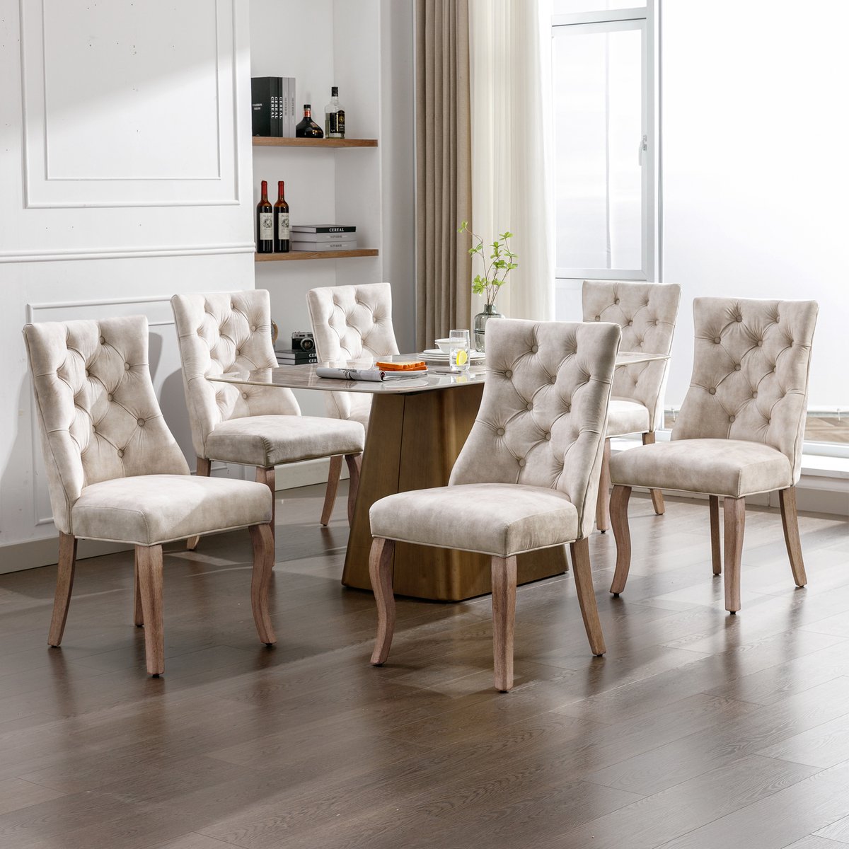 Wishdor Eetkamerstoel - Hoge Rugleuning Met Knopen - Fluweel - Lichtbeige - Houten Poten - Voor Eethoek En Woonkamer