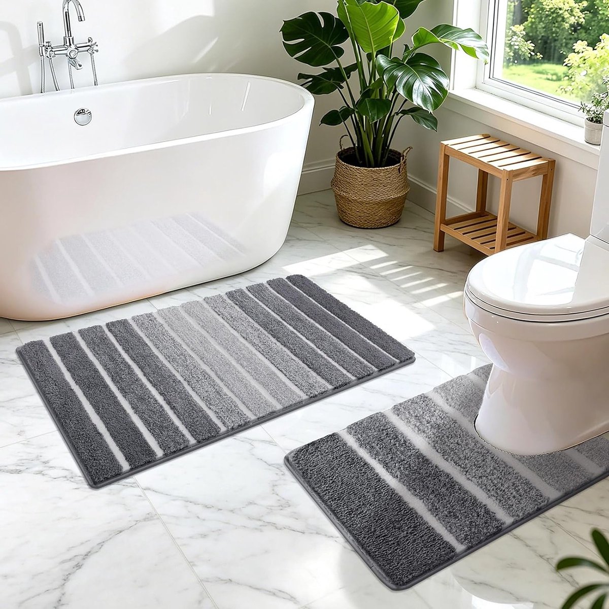 Grijze Badkamer Mat Set van 2 Stukken - Antislip, Absorberend en Machinewasbaar - Comfortabele Toiletmatten en Badmat voor een Stijlvolle Badkamer, 45x65+50x60cm
