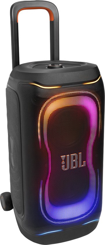 Zwarte JBL PartyBox 330 speaker met oranje trekstang, wielen en veelkleurige verlichting.