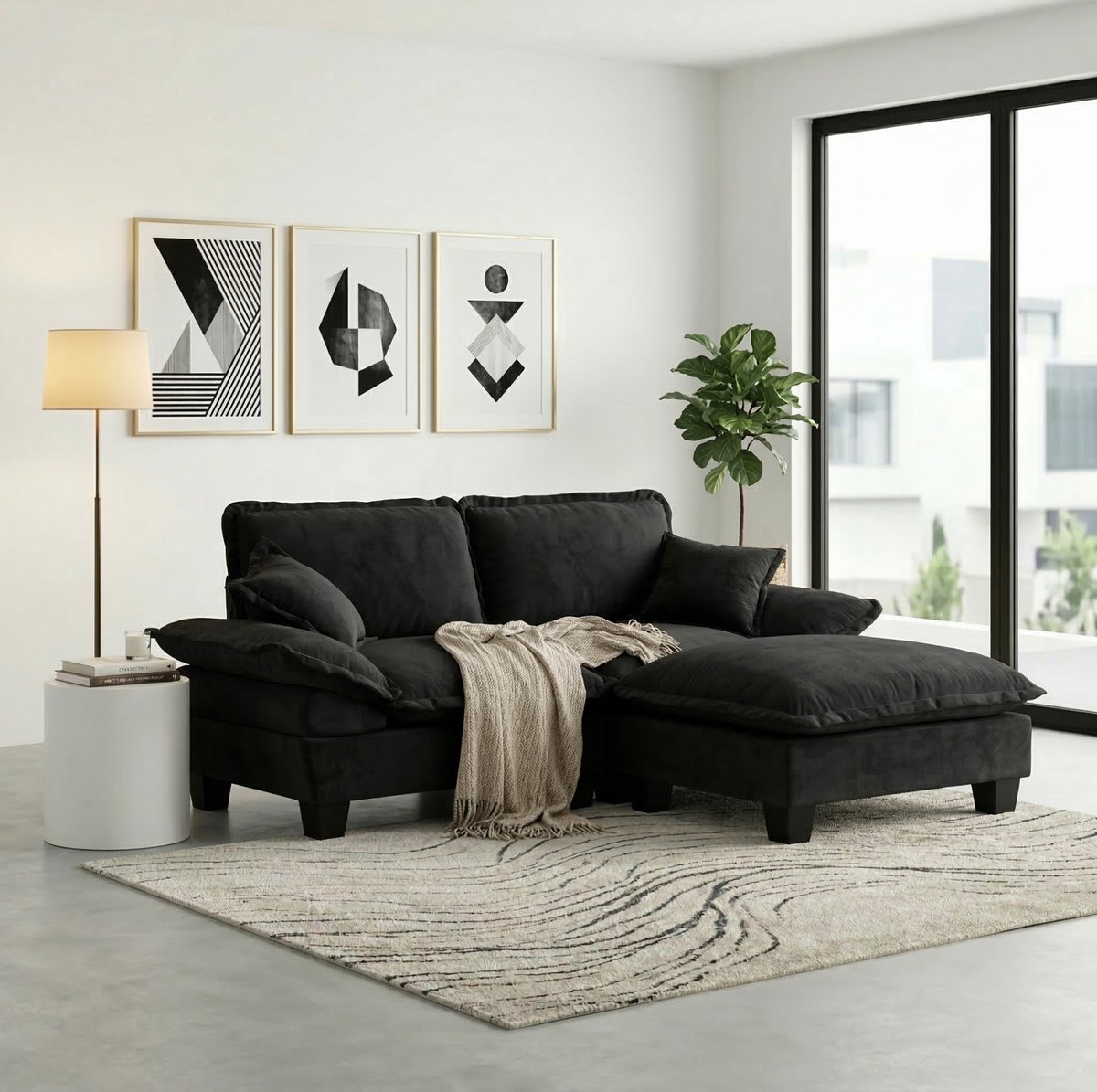 FloraGrace Hoekbank 194 x 151 x 90 cm - Modulair 3-Zits Cloud Sofa Met Verplaatsbare Ottomane En 2 Kussens - Voor Woonkamer Of Appartement - Chenille - Zwart