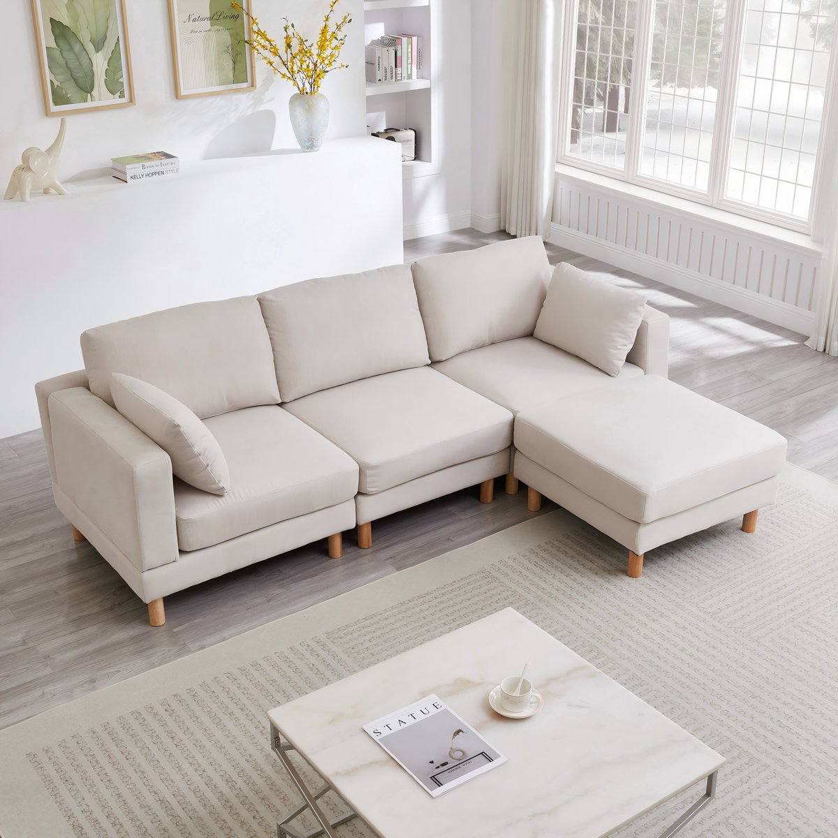 MODENUIT Hoekbank 235x152 cm - Chaise Longue Met Hocker - Voor Woonkamer - Polyester En Hout - Beige