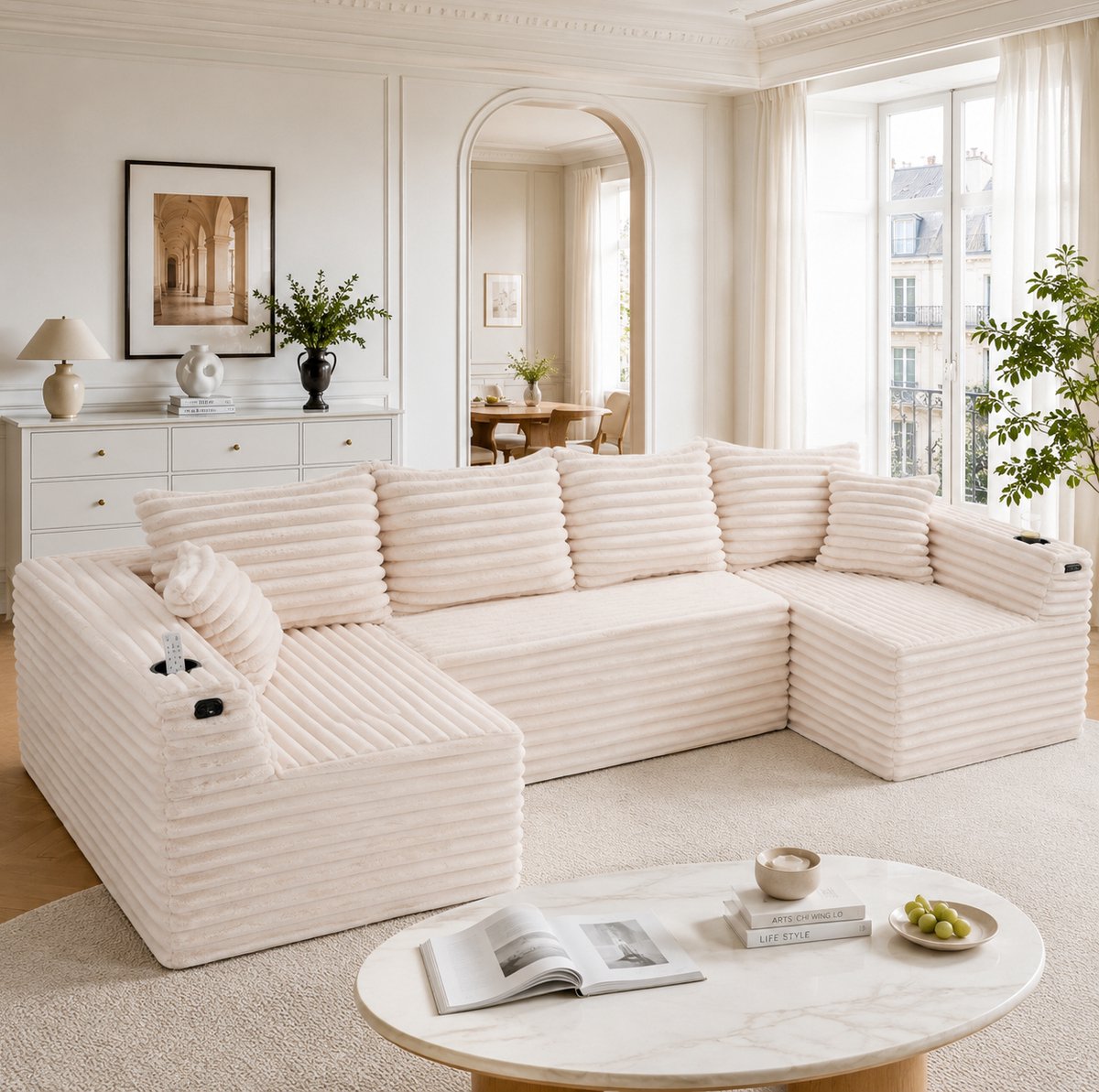 FloraGrace U-Bank 320 x 155 cm - Modulair Met Bekerhouders, Zijvakken En Ergonomisch Zitcomfort - Voor Woonkamer Of Lounge - Corduroy - Beige