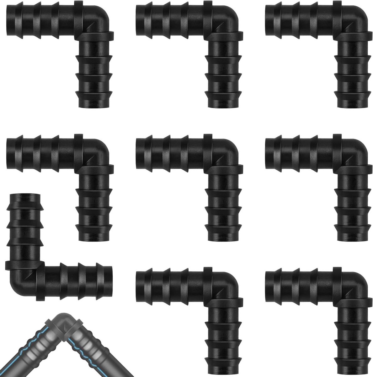 Hoge Kwaliteit 16 mm L Hose Connector voor Drip Irrigatie, Zwart Plastic, Perfect voor Tuinirrigatie en Bevochtigingssystemen (Verpakking van 9)