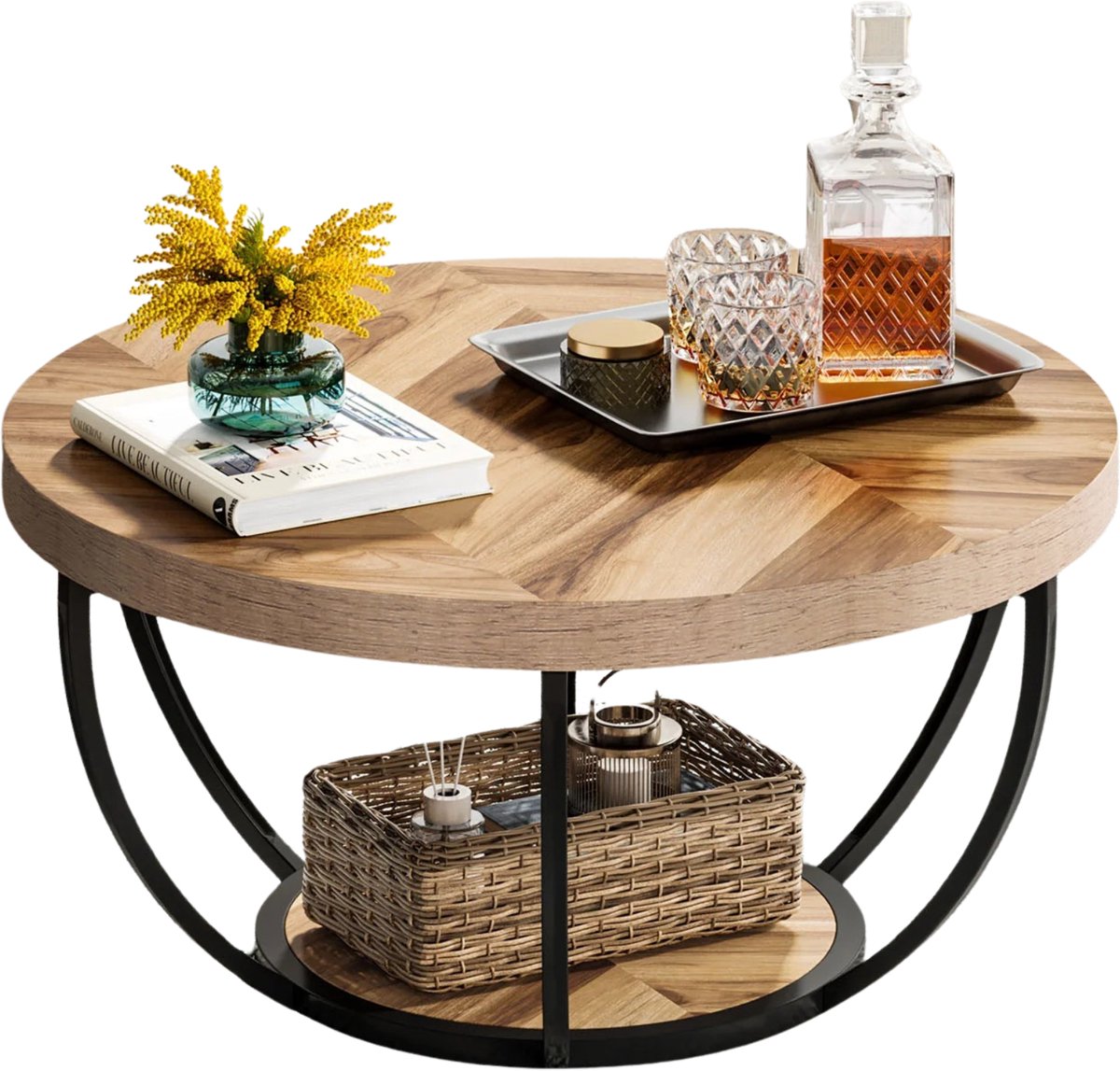 Stervia Salontafel Rond - Bijzettafel - Bijzettafeltjes Woonkamer - Koffietafel - Visgraat - Lichthout - 80.5 x 44 cm Bruin