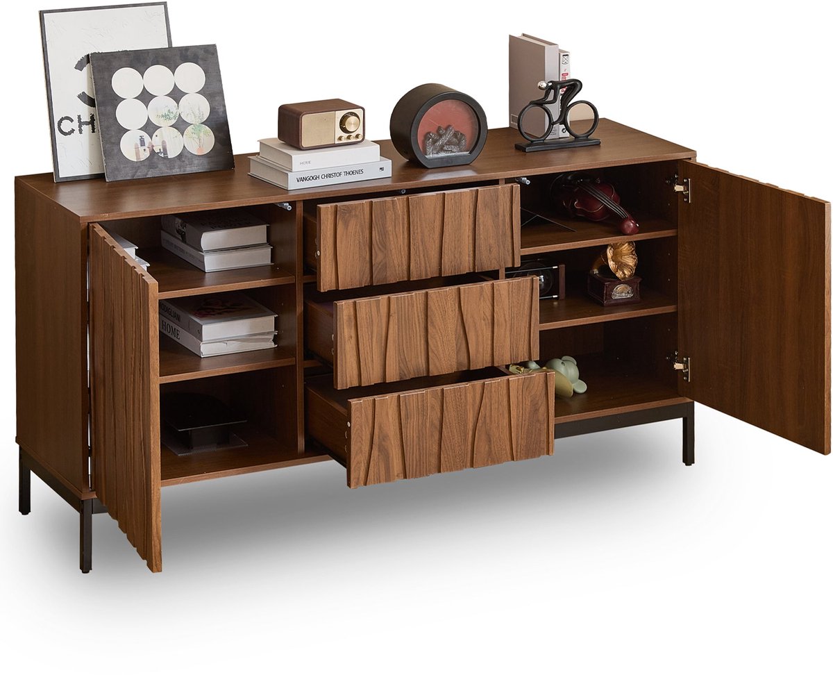 Merax Dressoir 150 cm - Donker Eikenhoutlook - 3 Lades - Verstelbare Planken - Opbergkast voor Woonkamer Keuken Hal en Eetkamer