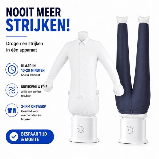 Een wit overhemd en een donkere broek hangen op de strijkpop, klaar om te drogen en kreukvrij te maken.