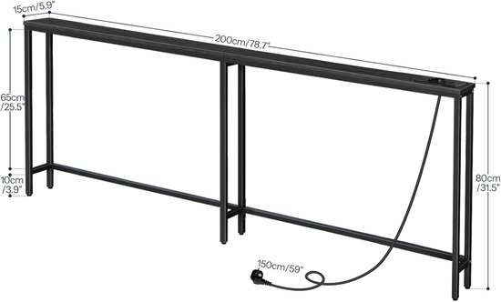 Afmetingen van een lange, smalle zwarte consoletafel met een stekkerdoos en een stekker met kabel.