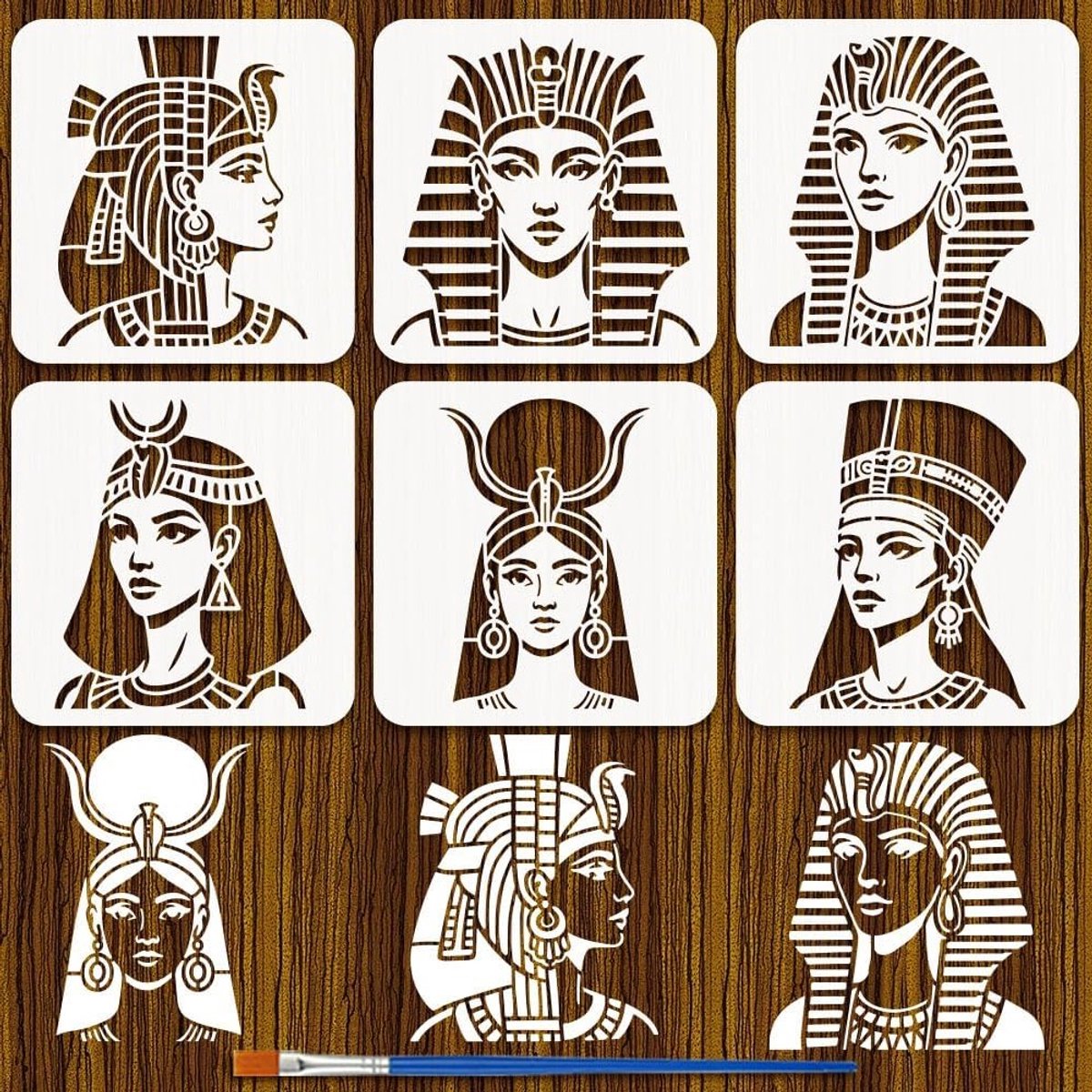 6 Stuks Egyptische Godin Sjablonen met Kwast 20x20cm - Wanddecoratie, Schilderen en DIY Creatieve Projecten