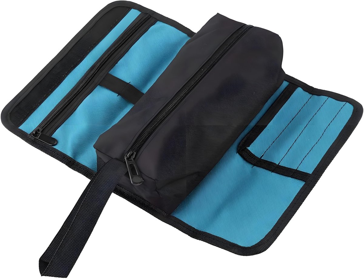Dailygoods - Gereedschapstas - Oprolbaar - Compact formaat - Zwart + Blauw - Organizer - Geschikt voor elektriciens - 2 compartimenten