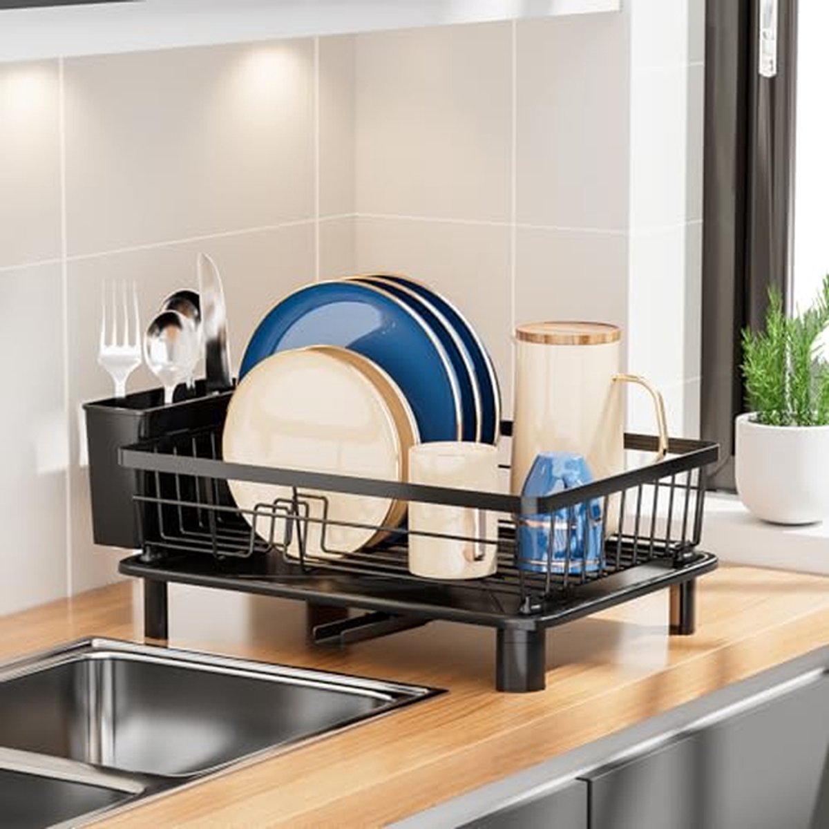 Afdruiprek met Lekbak - Vaatdroger Keuken - Keuken Organiseren - Veelzijdige Opberging - 38x28x13 cm - Zwart