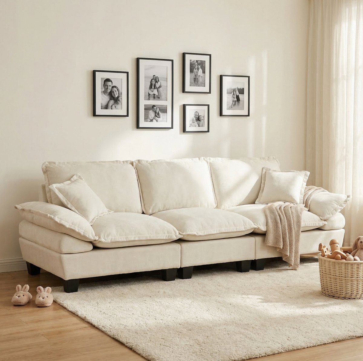 STILVORA 3-Zitsbank 263 x 82 x 90 cm - Gebogen Armleuning En Comfortabel Design - Voor Woonkamer En Appartement - Chenille Beige