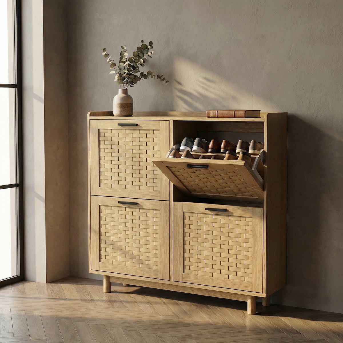 Schoenenkast - 100x24x95 cm - 4 klepdeuren - Uitneembare planken - Rotan look hout - Natuurlijke houtkleur