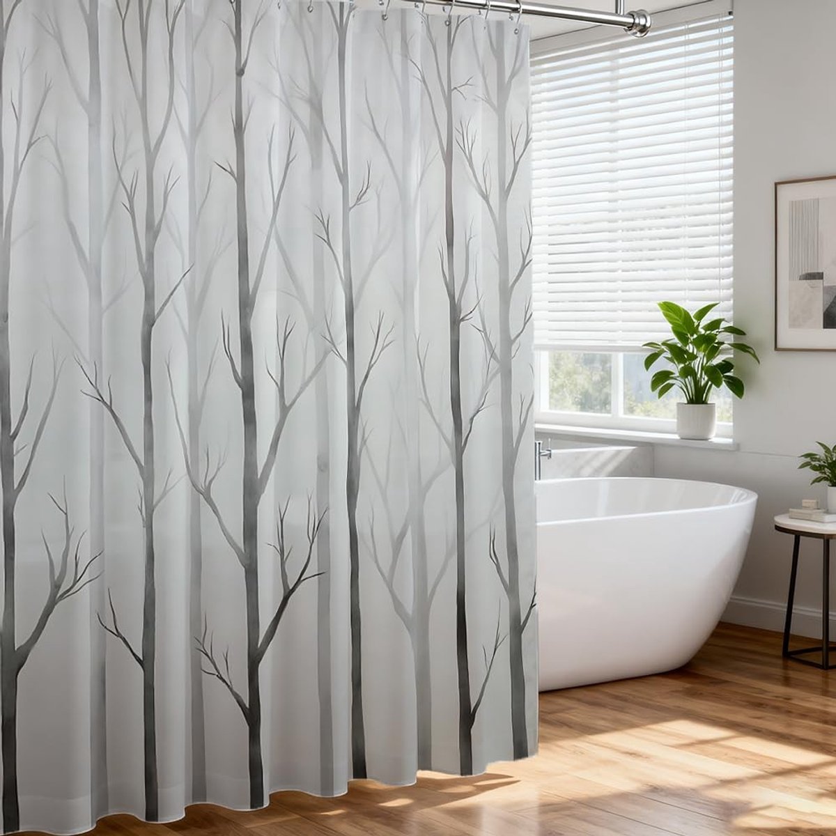 Dailygoods- Douchegordijn Waterdicht - Douchegordijnset 183x183 cm - 12 Haken - Zacht Polyester - Machinewasbaar - Abstracte Bomenprint - Badkamergordijn
