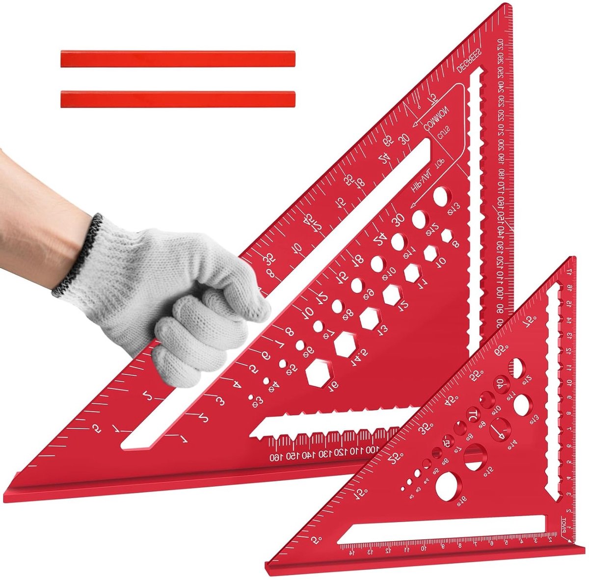 SnelShoppen - 2 Stuks Metalen Hoekmeter Set met 2 Potloden, 18 en 30 cm Triangulaire Liniaal, Aluminium, Voor Meten, Teken, Markeren, Robuust en Duurz