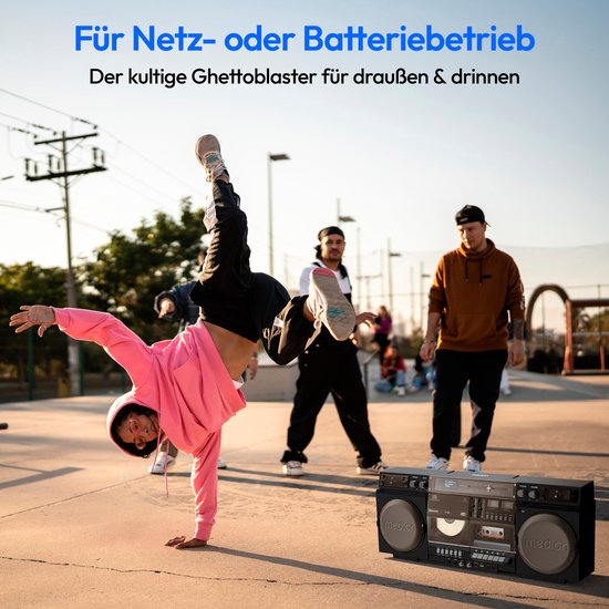 MEDION P66538 Cassetterecorder (retro boombox met cd-speler, jaren 80, groot, USB, SD, cd, cassette MC, DAB+ radio telescopische antenne, Bluetooth, cassettedeck, opnamefunctie, werkt op batterijen)
