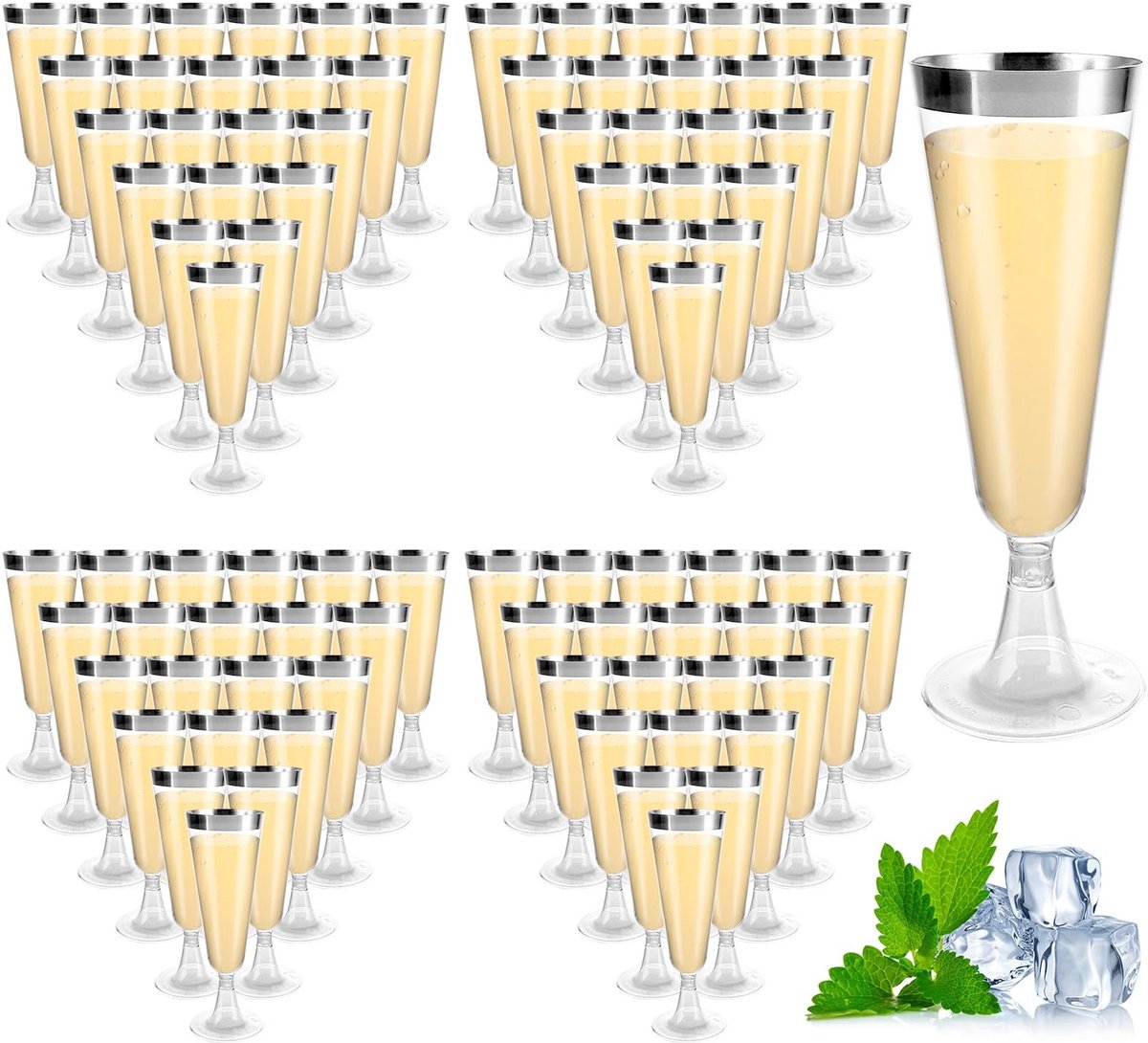 Dailygoods- Champagneglazen 160 ml - Herbruikbaar kunststof - BPA-vrij - Stapelbaar - 100 stuks - Transparant met zilveren rand - Plastic Glazen