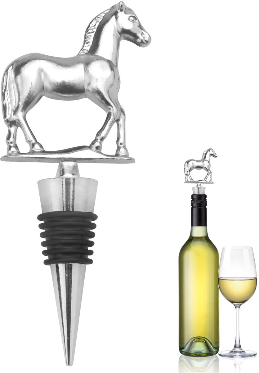 Dailygoods- Wijnstopper met Paardendesign - Flessenstop - Wijnschenktuit - Antieke Zinklegering - Siliconen van Levensmiddelenkwaliteit - Geschikt voor Standaard Flessen - Flesstop