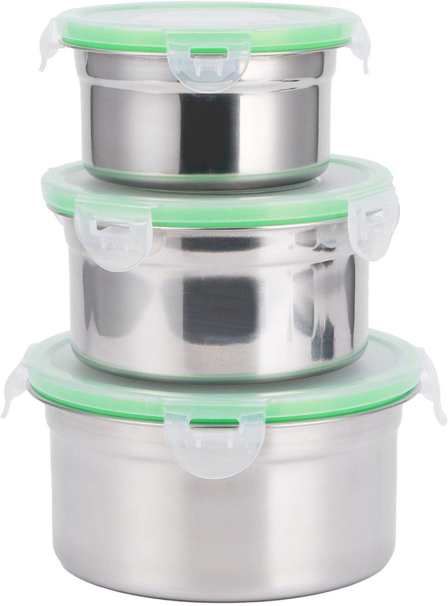 Dailygoods- Voedselcontainer 3 Stuks - RVS - Lekvrij - Koelkast Bewaar Kom - Lunch Box - Camping Reis - Diameter 15/13/11 cm - Lunchbox