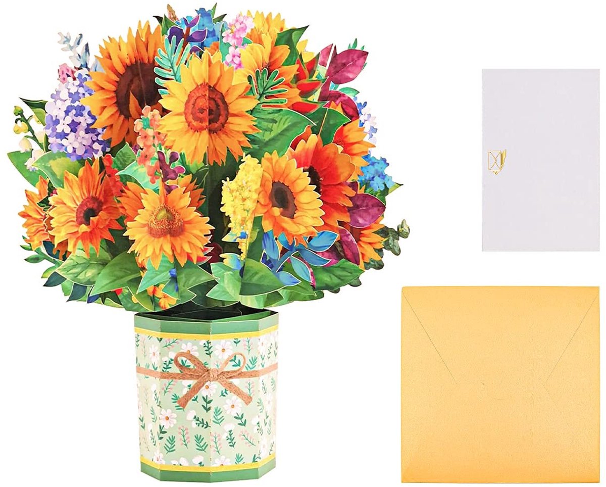 Dailygoods- Popup Kaarten 3D Zonnebloemen - Wenskaarten Verjaardag - Wenskaarten Bruiloft - Wenskaarten Moederdag - Wenskaarten Valentijnsdag - Hoogwaardig Kleur Karton