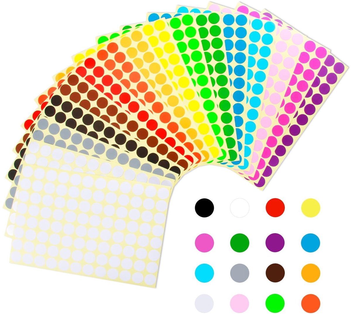 Dailygoods- Stippenstickers 15 mm - 1536 Stuks - Kleurcodering - Etiketten voor Kantoor/School - Water- en Oliebestendig - Koperdrukpapier