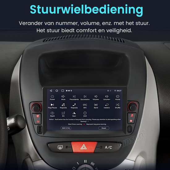 Car multimedia systeem in een auto-dashboard, met stuurwielbediening.
