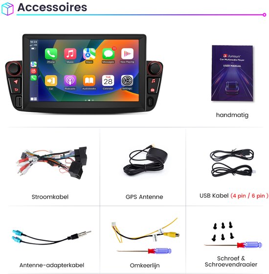 Accessoires voor autoradio: stroomkabel, GPS antenne, USB kabel, handleiding.
