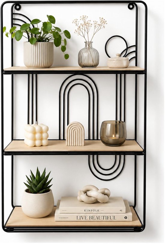 Foto: Home styling wandplank wandrekje decohome naturel zwart 3 niveaus 35 x 12 x 55 cm foto plank