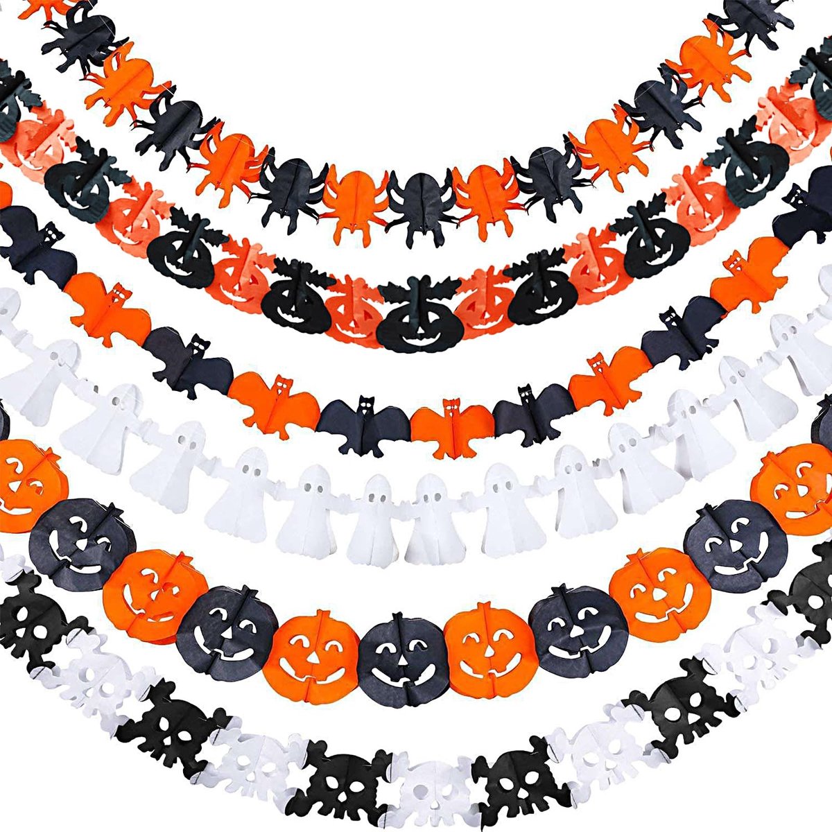 Dailygoods- Halloween-slinger 6 stuks - Feestdecoratie - Halloween-decoratie - Pompoenen/vleermuizen/spinnen - Hoogwaardig papier - 3 meter lengte - Feestversiering