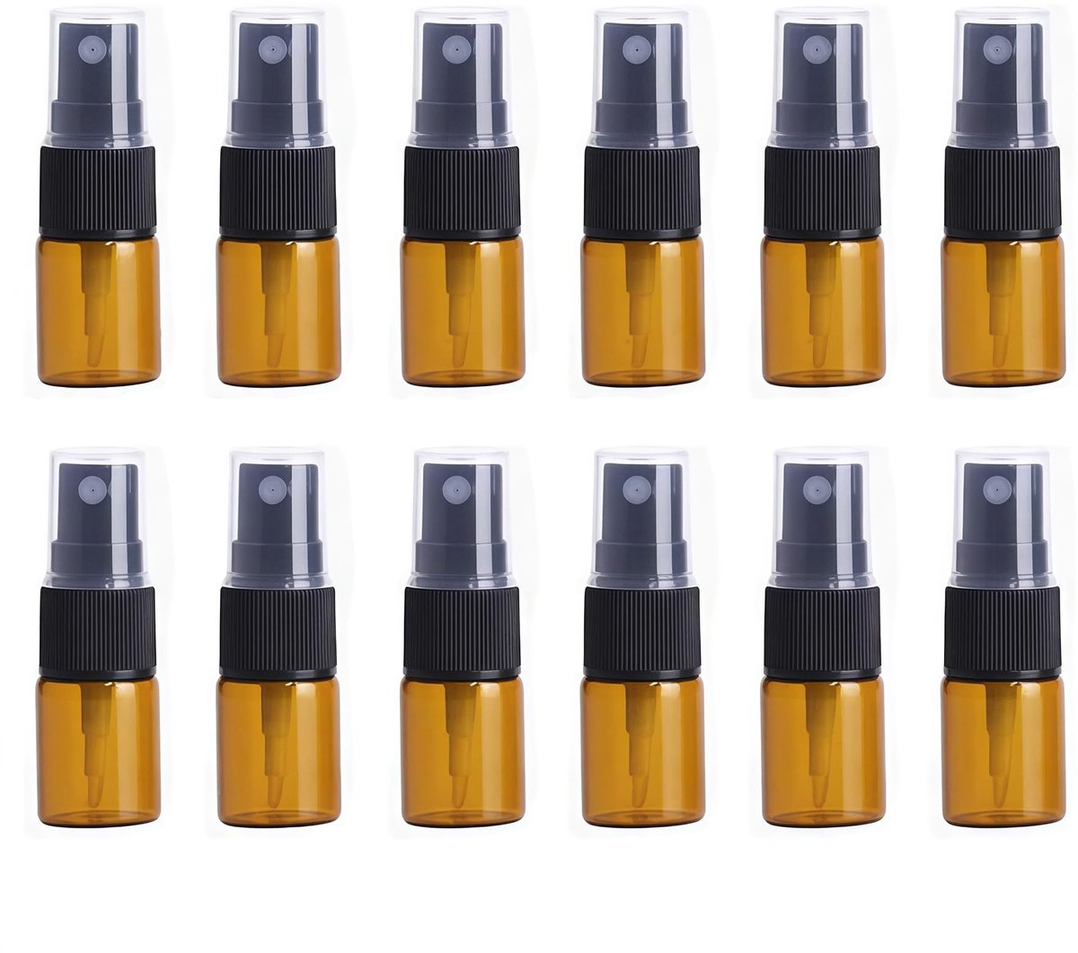 Dailygoods- Amber Glazen Flessen 12 Stuks - Navulbaar Parfumflesje - Spraykop - Transparante Deksel - 5/10/15 ml - Handig voor Reizen - Parfumflesjes