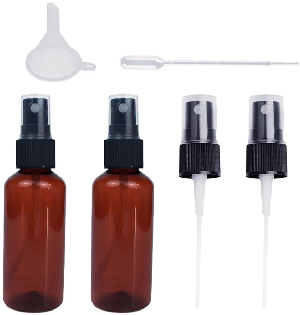 Dailygoods- Spuitflessenset 6 stuks - 2 Kunststof Spuitflessen 60 ml - 2 Sproeikoppen - Trechter - Rietje - Milieuvriendelijk en Duurzaam - Fles