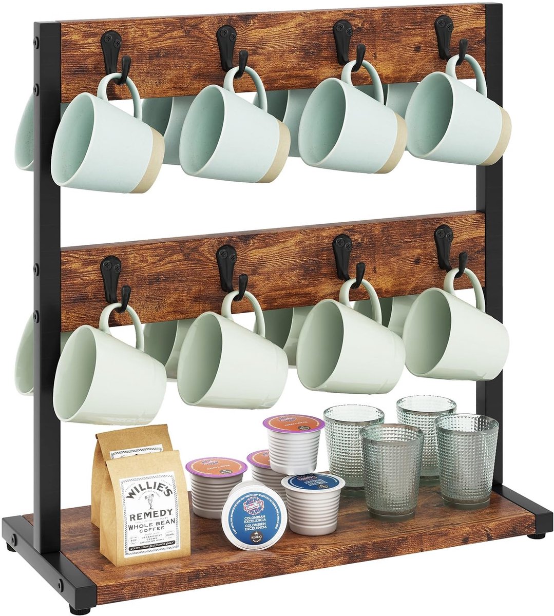 Dailygoods- Mokhouder Rustiek - 16 Haak Mok Boomhouder - Opbergbasis - Mok Display Organizer - Keuken Decor - Spaanplaat/IJzeren Frame - 43x15x41 cm - Mokstandaard