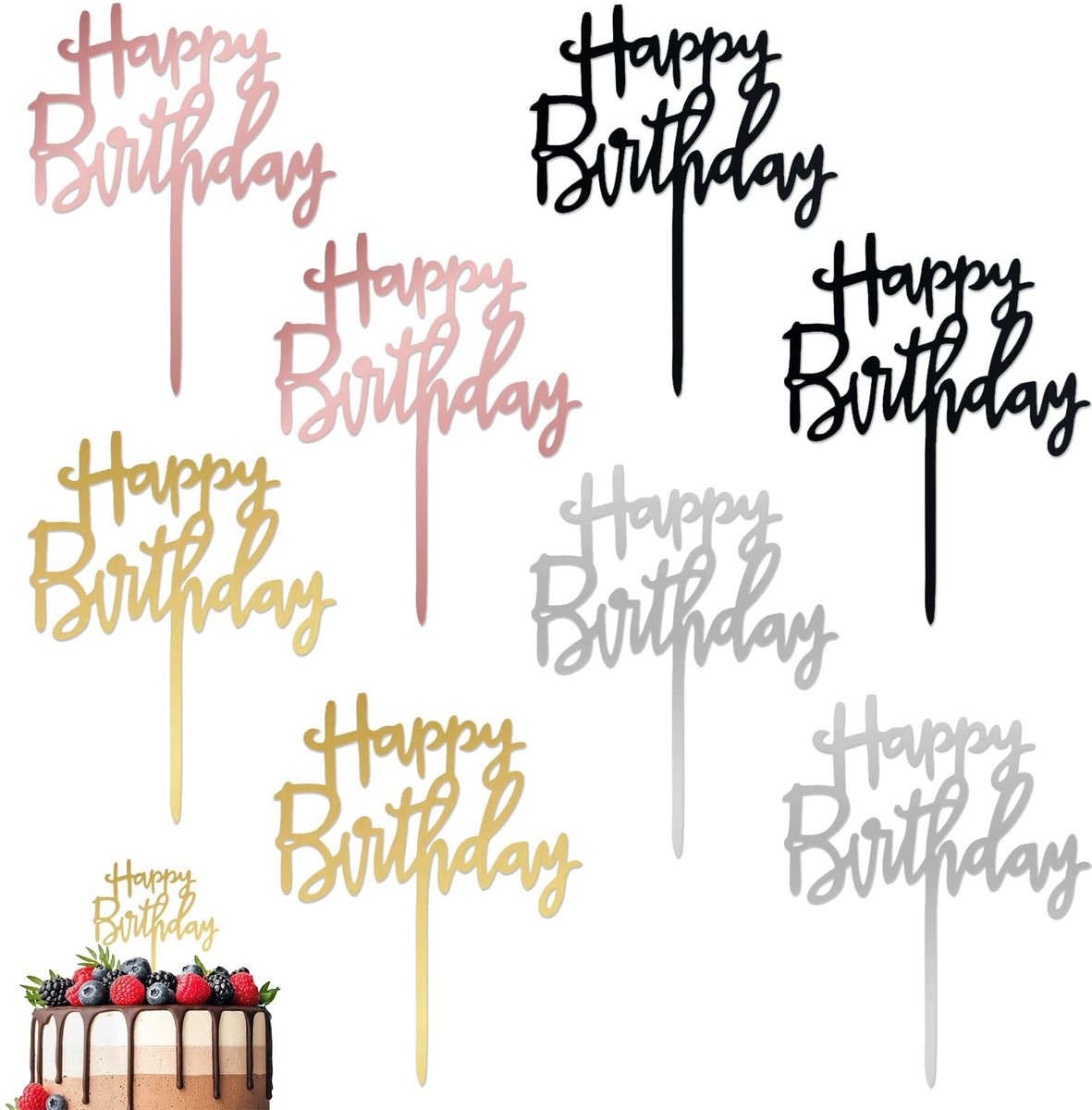 Dailygoods- Cake Topper 8 Stuks - Verjaardagstaartdecoratie - Herbruikbare Acryl - Happy Birthday Design - Taartdecoratie - Geschikt voor Cupcakes