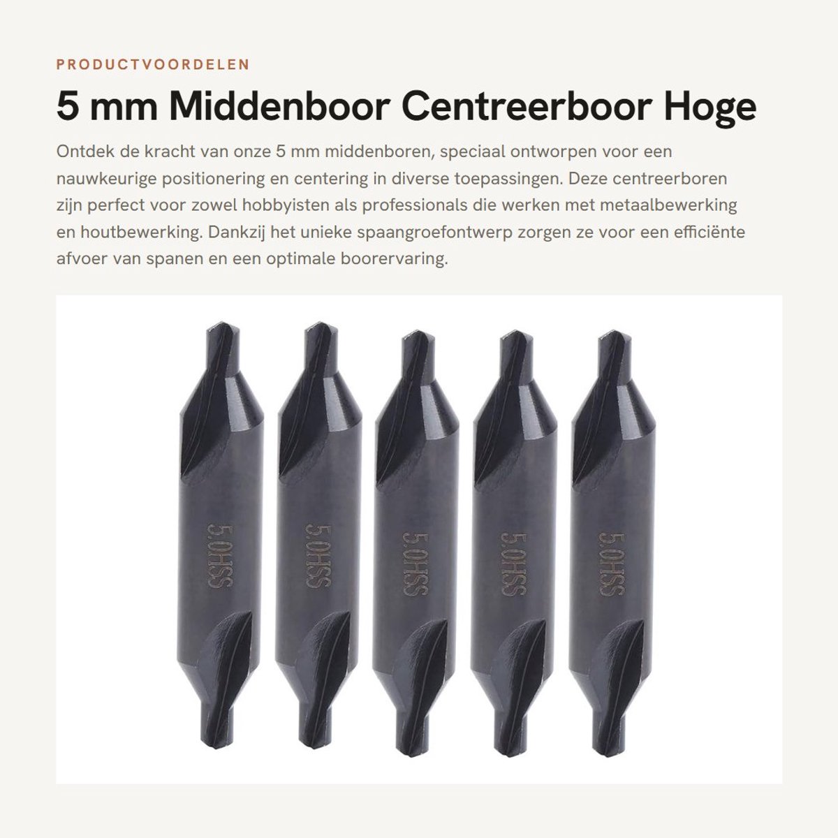 Dailygoods- Middenboor 5 mm - Centreerboren - Snelstaal - Schachtdiameter 12 mm - Totale lengte 63,3 mm - Uniek structuurontwerp - Boor