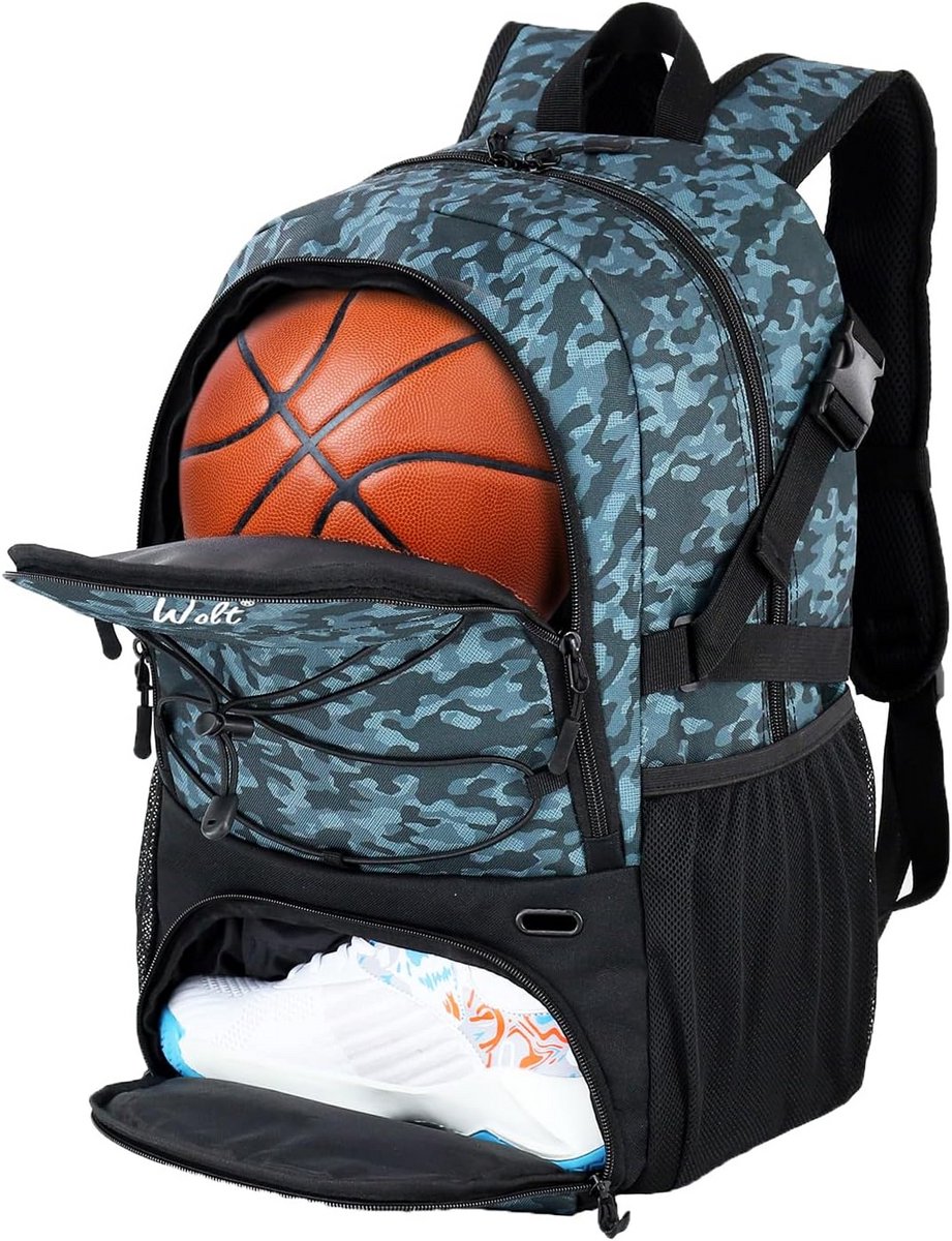 Sporttas Rugzak - Gymtas Ballentas - Sportuitrusting Vervoeren - Apart Ballen- en Schoenenvak - 30 Liter Capaciteit - Camo Groen