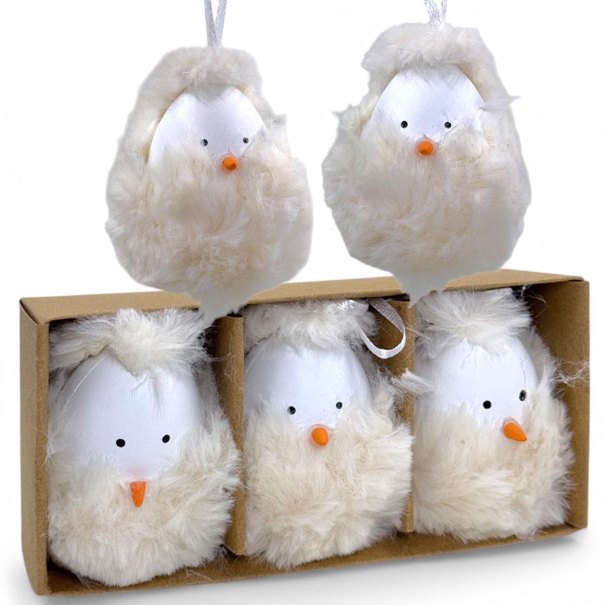 Dailygoods- Paashangers 3-delige set - Kuikenhangers van kunststof/pluche - Paaseieren met satijnen lint - Lente decoratie - 6,5 x 4,5 cm - Charmante uitstraling - Paasdecoratie