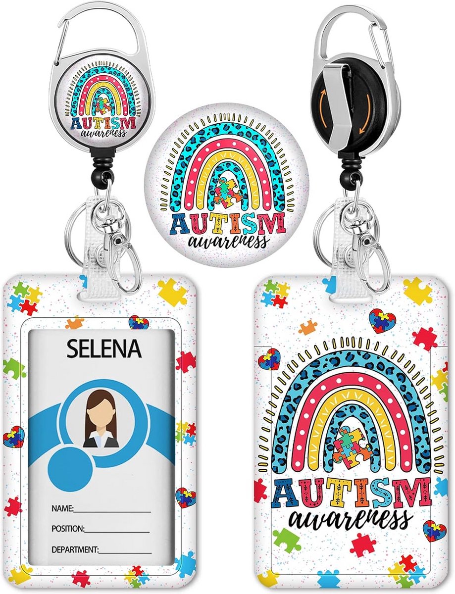 Badgehouder met Haspel - ID Kaarthouder - Werk Identificatie - Autisme Bewustzijn - Verticale Kaart - Regenboog
