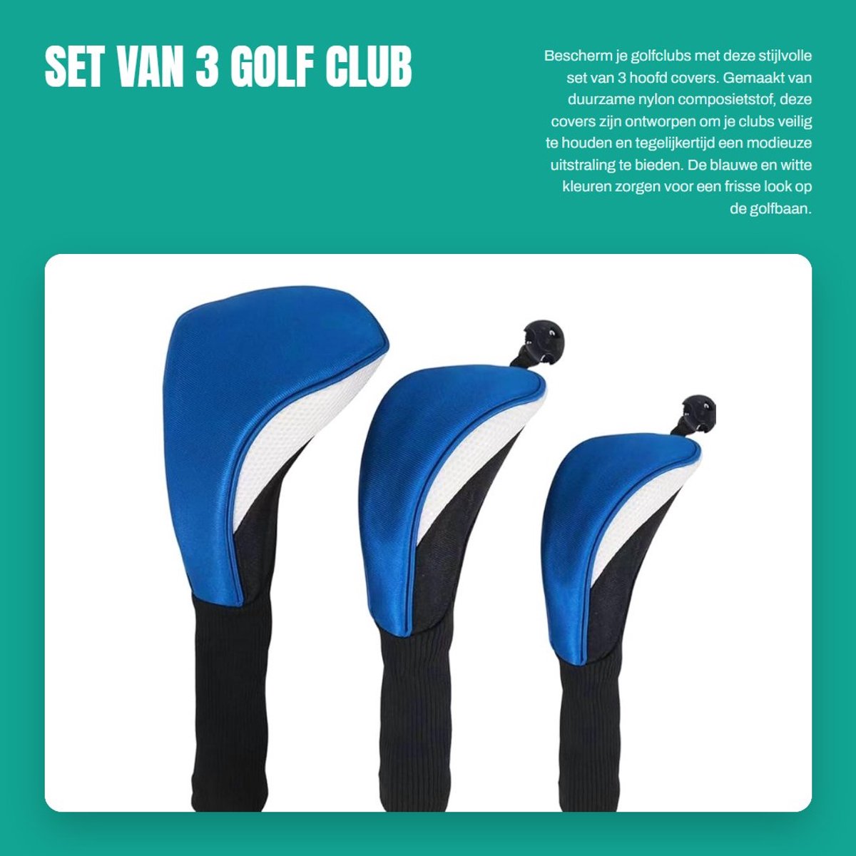 Dailygoods- Golfcover Set van 3 - Beschermhoes voor Driver/Hout/Putter - Nylon Composietstof - Blauw/Wit - Afmetingen 31x13 cm - Golfclubhoes