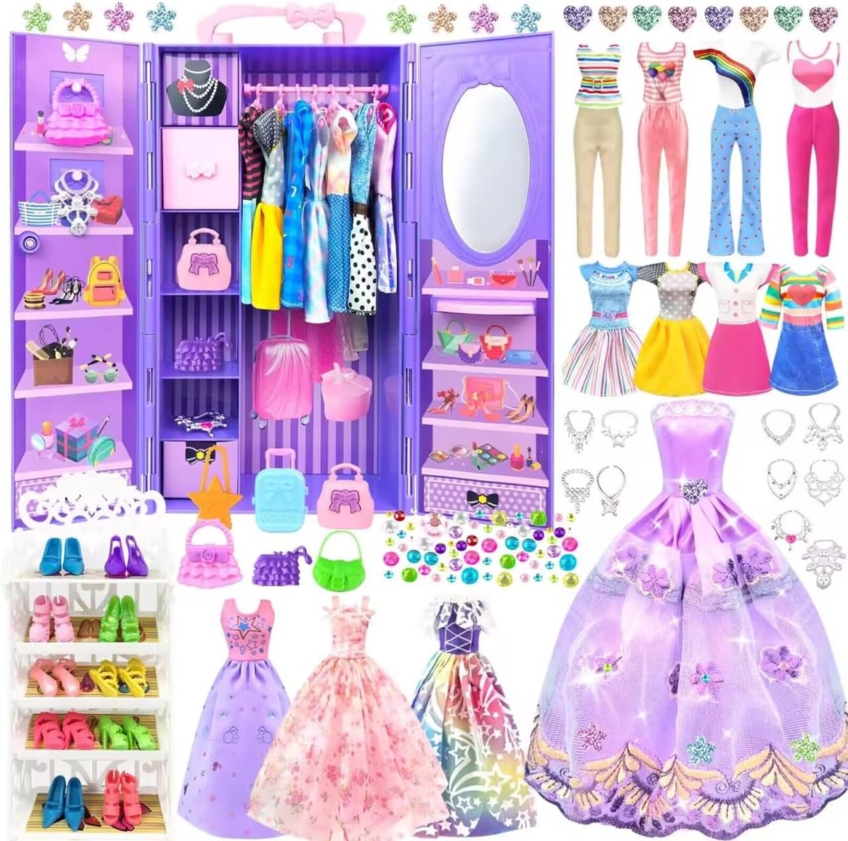 Poppenkledingkast - Poppenaccessoires - Poppen aankleden - Inclusief 75 items - 30 cm poppen - Paars