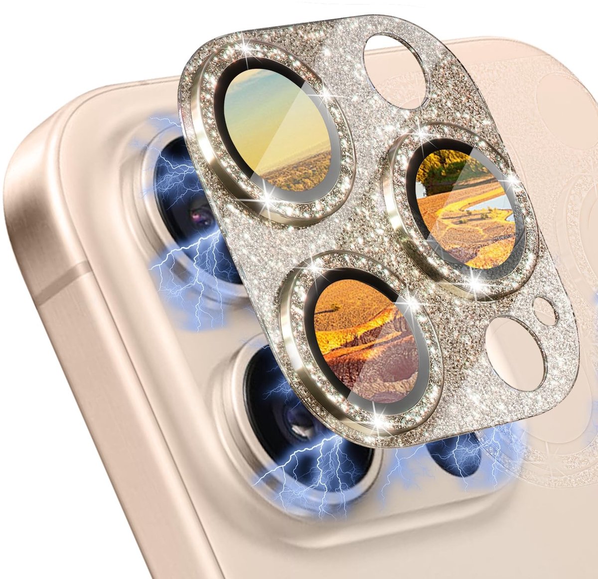 Dailygoods- Camerabescherming 9H hardheid - iPhone 16 Pro/Pro Max - Lensbescherming - Krasvast - Glitter Premium Texture - Sterke hechting