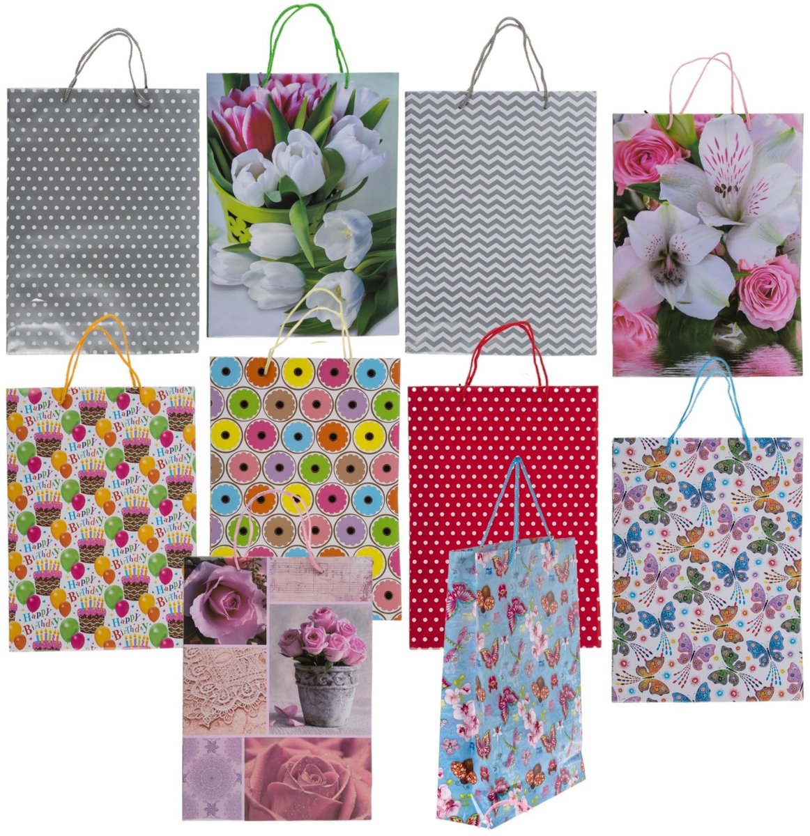 Dailygoods- Geschenkzakjes set van 10 - Papieren zakjes - Kleurrijke patronen - 18 x 8 x 23 cm - Ideaal voor elke gelegenheid - Veelzijdig gebruik - Cadeauzakjes
