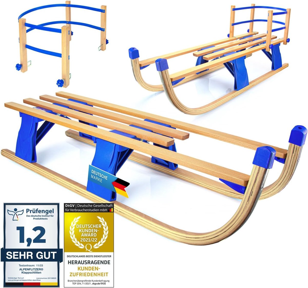 Houten Slee - Opvouwbare Slee - Winterpret - Met Rugleuning - 110 cm - Beukenhout
