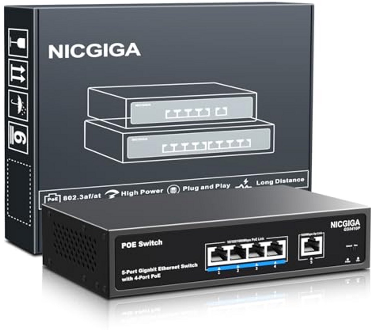 PoE Switch - Netwerk Switch - Netwerk Uitbreiden - 5 Poorten Gigabit - 78W Totaal - Zwart